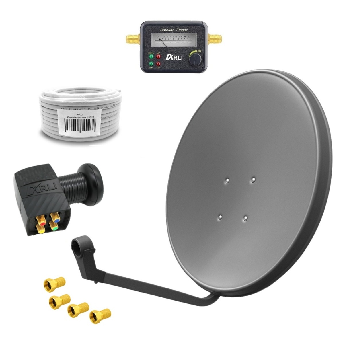 Satspiegel-grau-quad-Kabel-Satfinder SAT Anlage Digital 80cm 60cm Single Twin Quad Octo LNB Teilnehmer komplettanlage komplett Schüssel Antenne Spiegel Kabel F Stecker Camping Koaxialkabel Set Wandalter 4K grau weiss Full HD Satfinder vergoldet russisch türkisch astra hotbird türksat