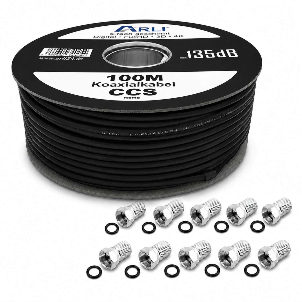 100m Koaxialkabel schwarz 135dB + 100x F Stecker Kabel 135dB satelliten kabel digitaltauglich konfektionierte TV-Kabel DVB-S DVB-C DVB-T 4-fach 5fach schirmung meterware verlegekabel Adapter doppel schüssel 130db 120db 110db Weiß Internetanschluss KabelBW