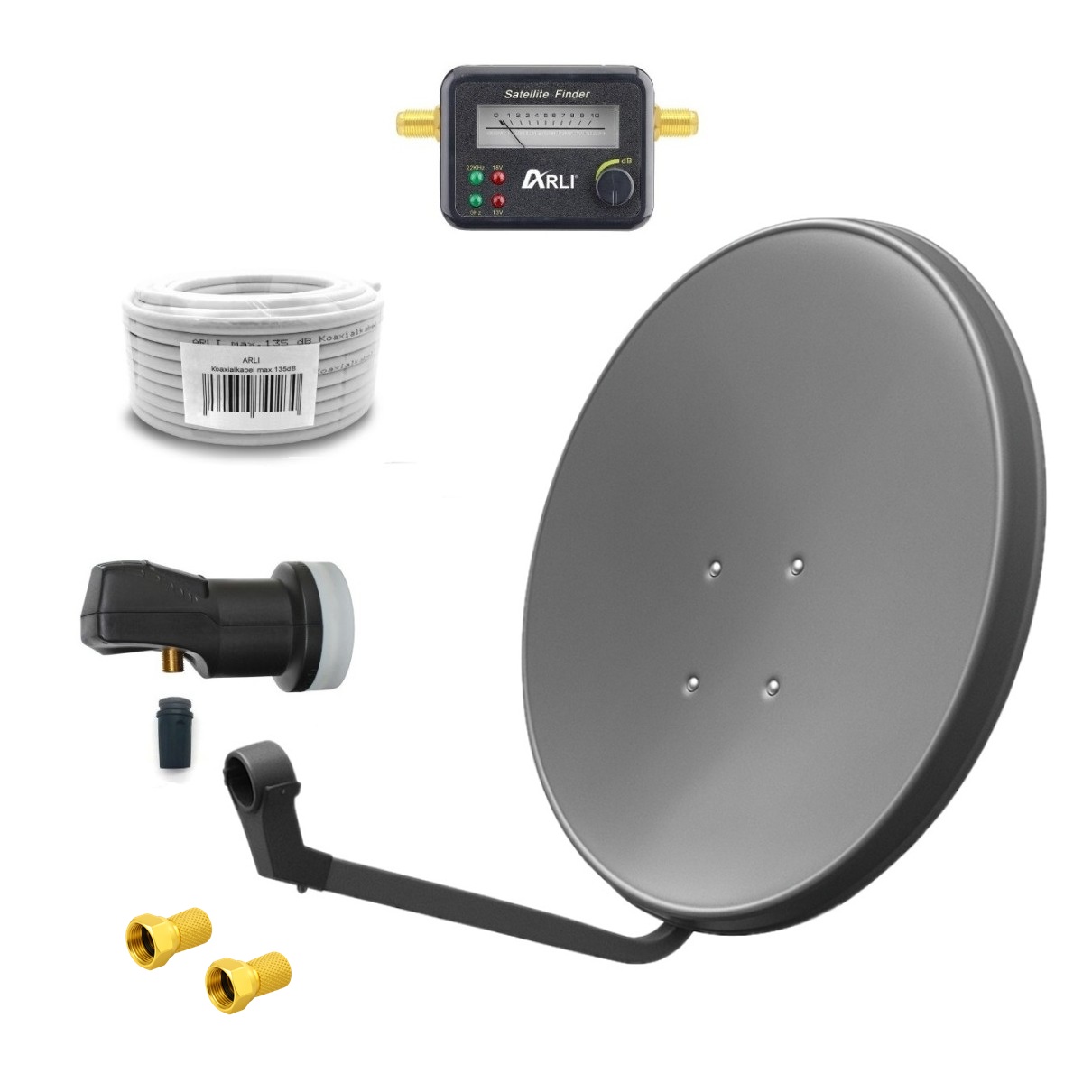 Satspiegel-grau-Single-Kabel-Satfinder SAT Anlage Digital 80cm 60cm Single Twin Quad Octo LNB Teilnehmer komplettanlage komplett Schüssel Antenne Spiegel Kabel F Stecker Camping Koaxialkabel Set Wandalter 4K grau weiss Full HD Satfinder vergoldet russisch türkisch astra hotbird türksat