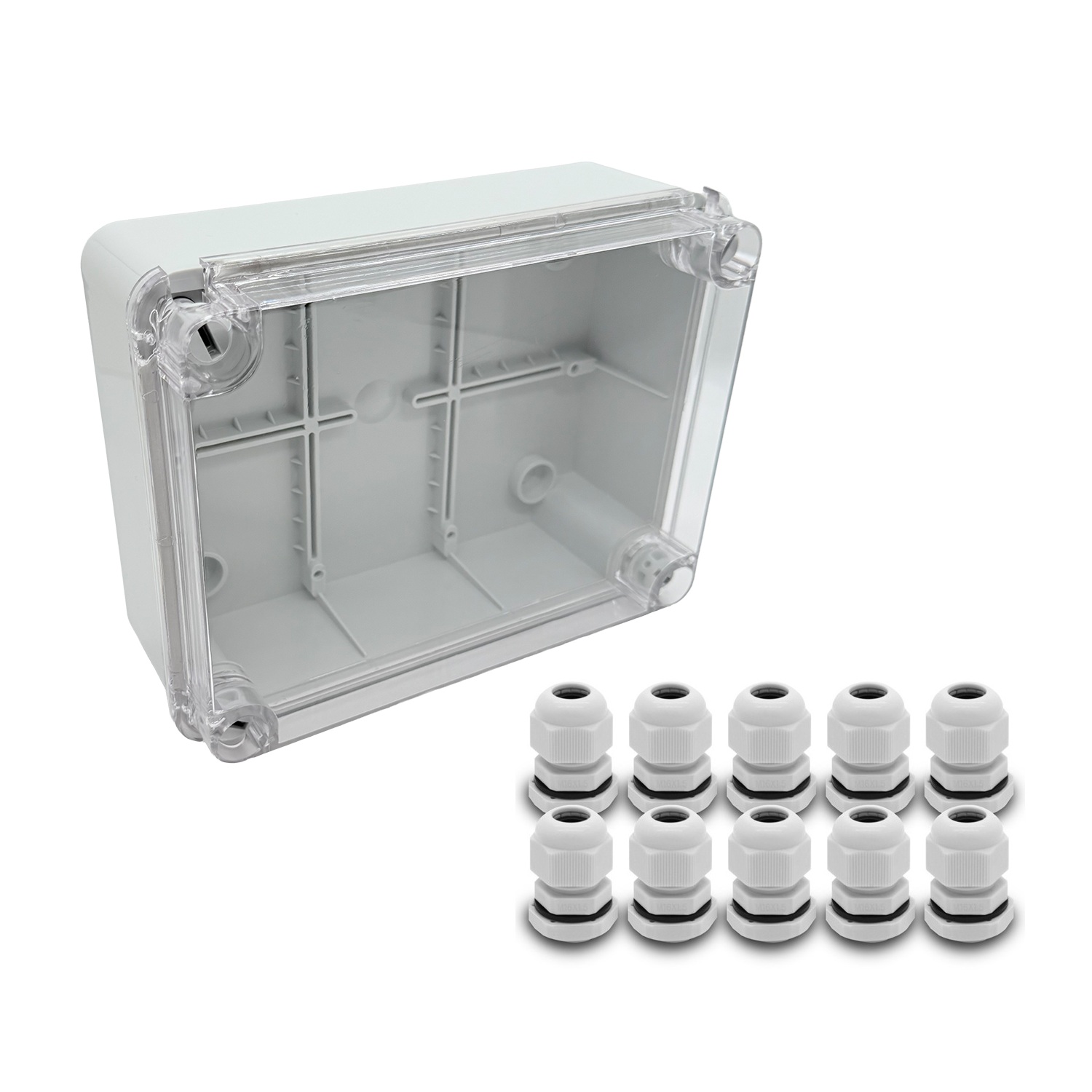 ARLI Abzweigdose IP67 Sichttür 190 x 145 x 80 mm + 10x Kabelverschraubungen M16 x 1,5 mm