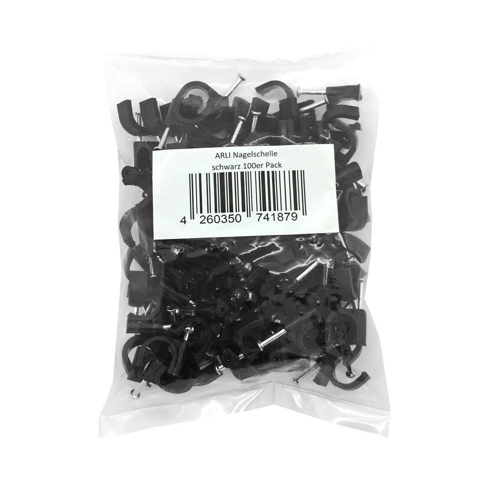 Nagelschelle-schwarz-2 arli nagelschelle 11 12 mm 12mm 100x 100 kabelschelle schelle kabelklemme kabelbefestigung kunststoff kabelschellen nagelschellen kabelschellen wand nägel nym sat tv telefon netzwerk kabel schwarz nagel leitung allzweck elektro