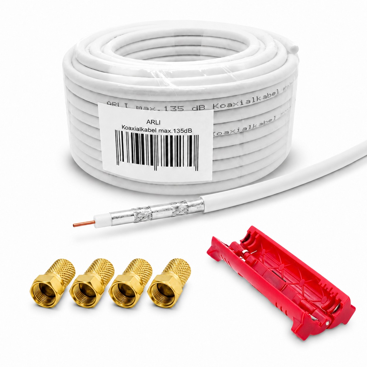 50m ARLI Koaxialkabel max. 135dB + 4x F-Stecker vergoldet + Abisoliermesser Kabel 135dB satelliten kabel digitaltauglich konfektionierte TV-Kabel DVB-S DVB-C DVB-T 4-fach 5fach schirmung meterware verlegekabel Adapter doppel schüssel 130db 120db 110db Wei
