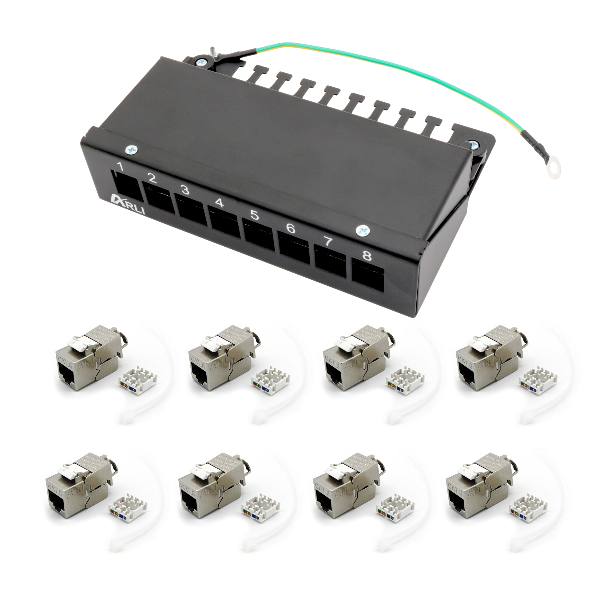ARLI Patchpanel inkl. 8x Keystone Cat8.1 Module – 8-Port Patchfeld Gehäuse schwarz