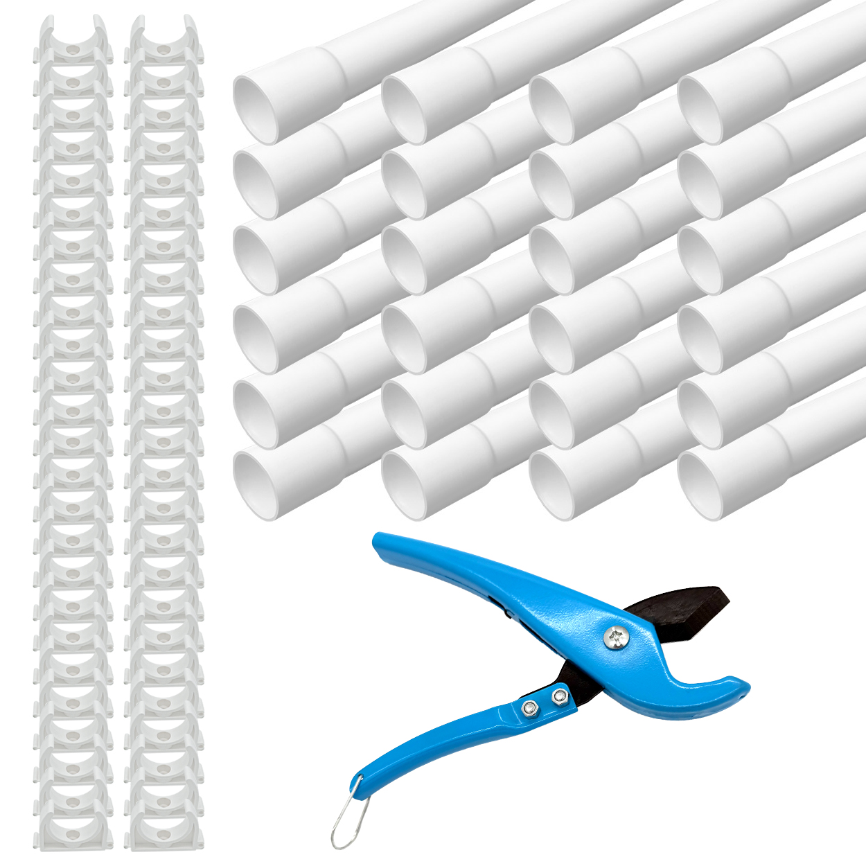 ARLI Installationsrohr M20 24 m gemufft PVC weiß mit 50 Klemmschellen und Rohrschneider Kabelrohr starr 20 mm Set