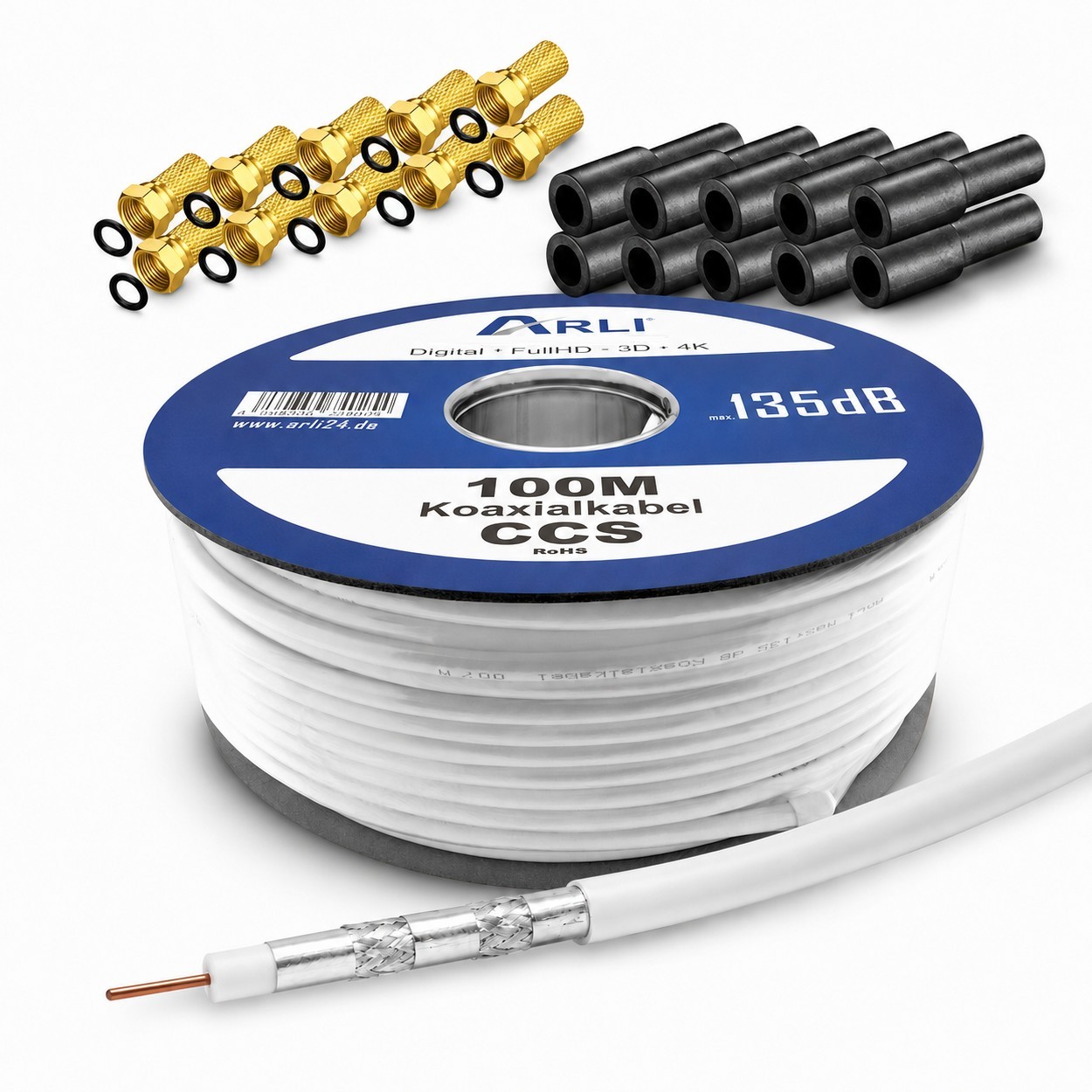 100m ARLI Koaxialkabel max. 135dB + 10x F-Stecker vergoldet + 10x Gummitülle Kabel 135dB satelliten kabel digitaltauglich konfektionierte TV-Kabel DVB-S DVB-C DVB-T 4-fach 5fach schirmung meterware verlegekabel Adapter doppel schüssel 130db 120db 110db We