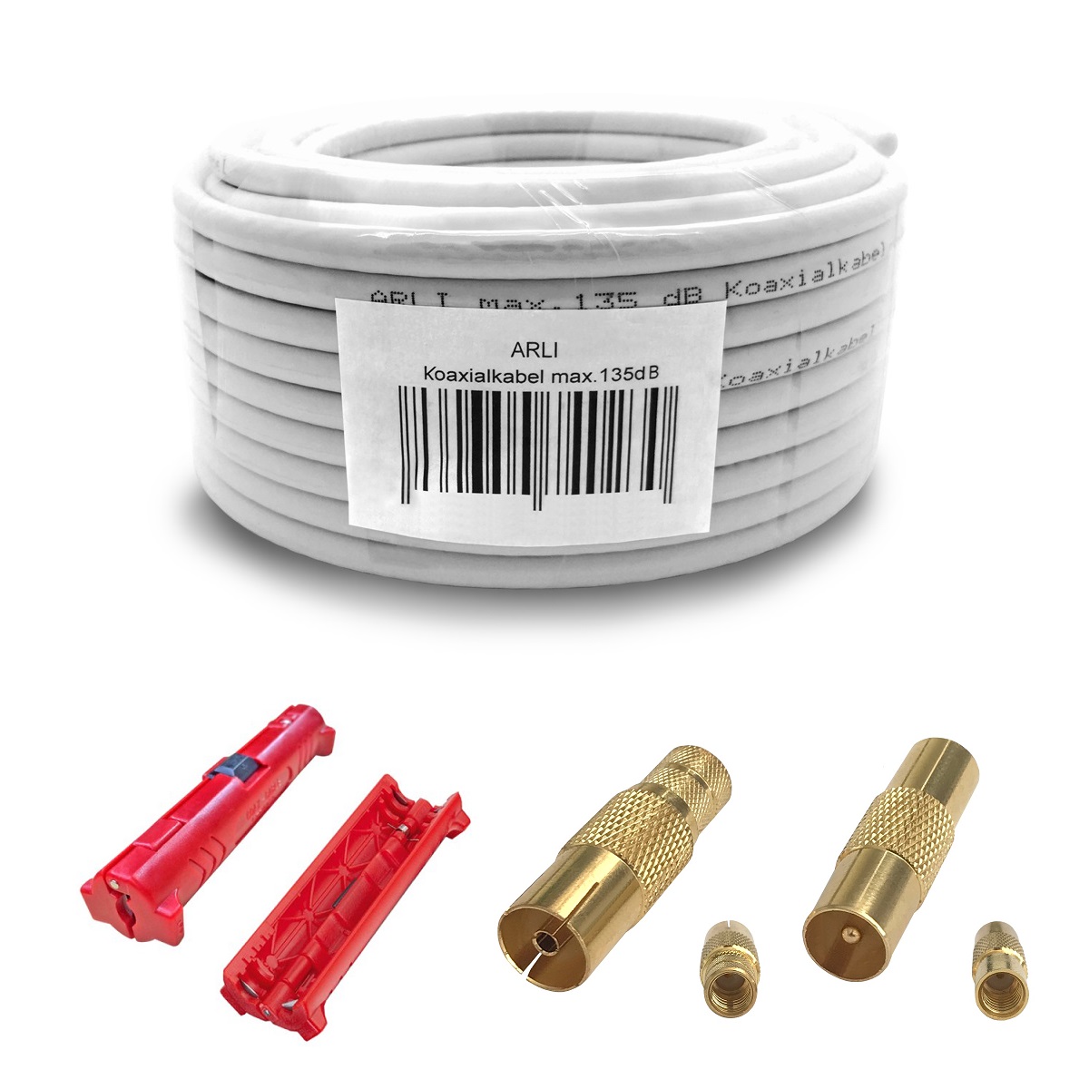 10m ARLI Koaxialkabel – max. 135 dB 5-fach geschirmt UV-beständig + TV Antennenstecker & Abisoliermesser für DVB-S DVB-T2 4K HDTV
