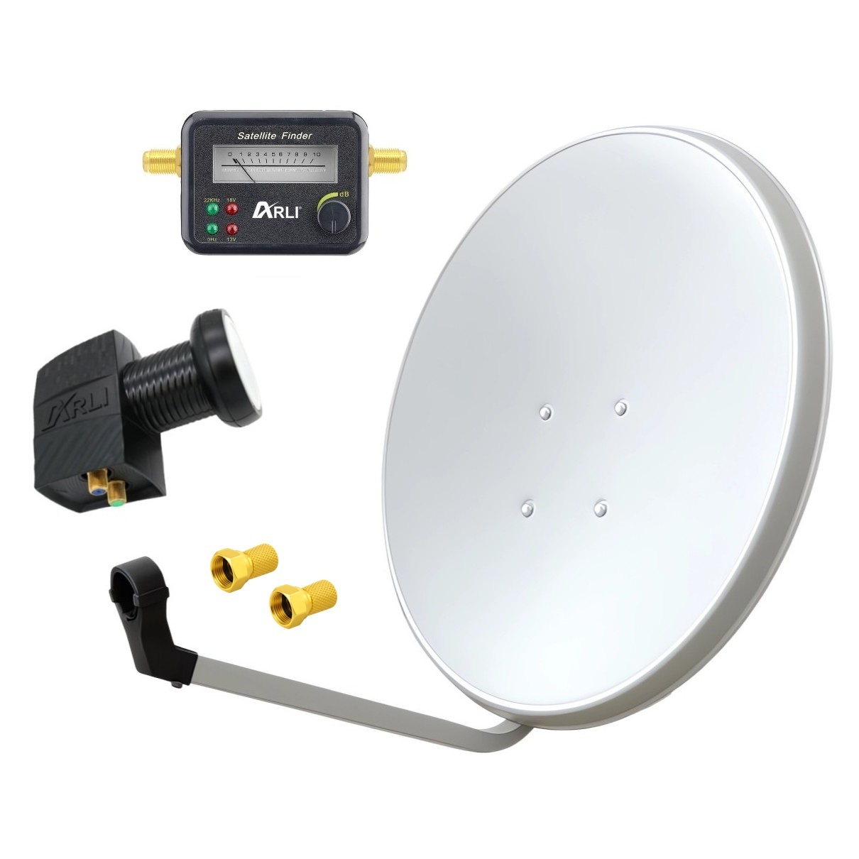 arli satellitenschüssel digital komplett sat schüssel twin lnb 2 Teilnehmer koaxial satfinder 60 cm set spiegel antenne finder anlage camping komplettset offset  kabel satellitenanlage F-Stecker astra uhd full hd 4k komplettanlage 60cm