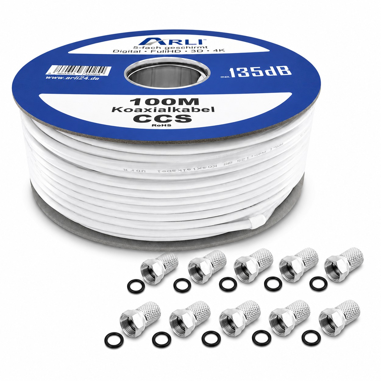 100m ARLI Koaxialkabel max. 135dB + 10x F-Stecker Kabel 135dB satelliten kabel digitaltauglich konfektionierte TV-Kabel DVB-S DVB-C DVB-T 4-fach 5fach schirmung meterware verlegekabel Adapter doppel schüssel 130db 120db 110db Weiß Internetanschluss KabelB