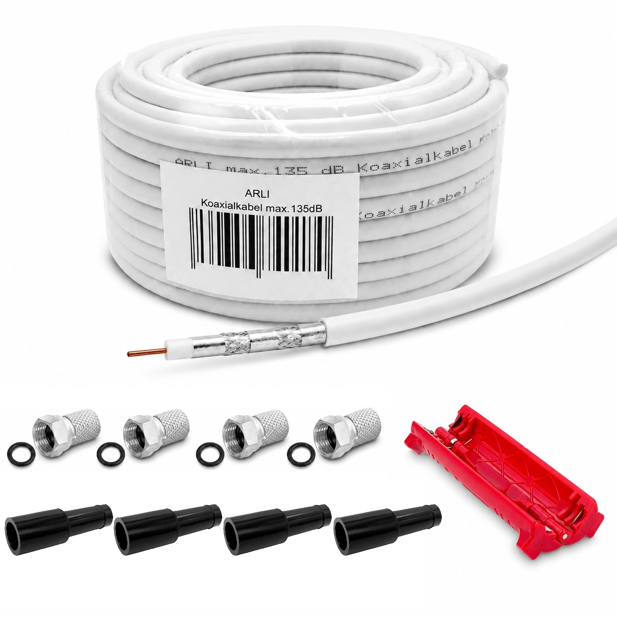 50m ARLI Koaxialkabel max. 135dB + 4x F-Stecker + 4x Gummitülle + Abisoliermesser Kabel 135dB satelliten kabel digitaltauglich konfektionierte TV-Kabel DVB-S DVB-C DVB-T 4-fach 5fach schirmung meterware verlegekabel Adapter doppel schüssel 130db 120db 110