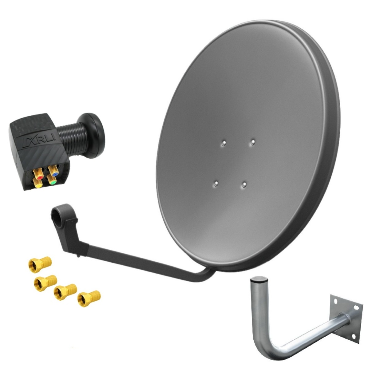 Satspiegel-grau-quad-wandhalter25 SAT Anlage Digital 80cm 60cm Single Twin Quad Octo LNB Teilnehmer komplettanlage komplett Schüssel Antenne Spiegel Kabel F Stecker Camping Koaxialkabel Set Wandalter 4K grau weiss Full HD Satfinder vergoldet russisch türkisch astra hotbird türksat