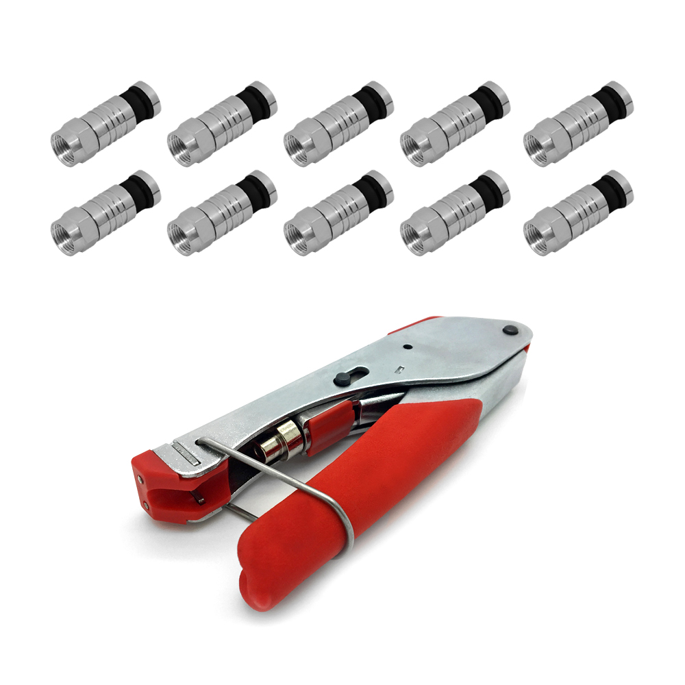 Kompressionszange klein + 10x F Kompressionsstecker Kompressionsstecker vergoldet gold Kompressionszange kleine Ausführung Crimpzange crimpen Presszange Wasserdicht montieren Kabel 135dB satelliten kabel digitaltauglich konfektionierte TV-Kabel DVB-S DVB-