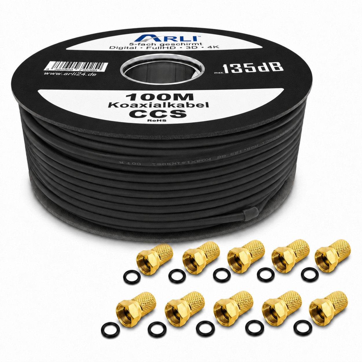 100m Koaxialkabel schwarz 135dB + 100x F Stecker vergoldet Kabel 135dB satelliten kabel digitaltauglich konfektionierte TV-Kabel DVB-S DVB-C DVB-T 4-fach 5fach schirmung meterware verlegekabel Adapter doppel schüssel 130db 120db 110db Weiß Internetanschlu