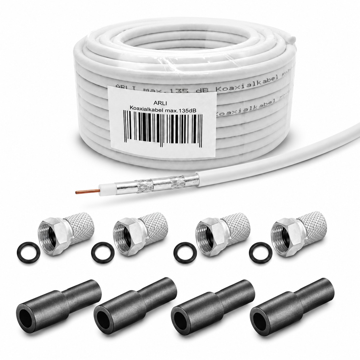 50m ARLI Koaxialkabel max. 135dB + 4x F-Stecker + 4x Gummitülle Kabel 135dB satelliten kabel digitaltauglich konfektionierte TV-Kabel DVB-S DVB-C DVB-T 4-fach 5fach schirmung meterware verlegekabel Adapter doppel schüssel 130db 120db 110db Weiß Internetan