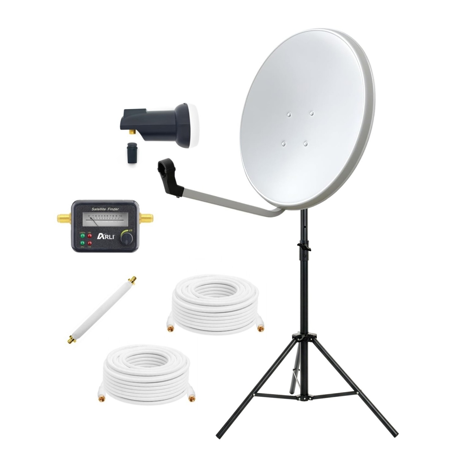 ARLI 60 cm SAT Anlage mit Single LNB Stativ Satfinder 2×5 m Kabel Fensterdurchführung Satellitenschüssel Camping Balkon Garten