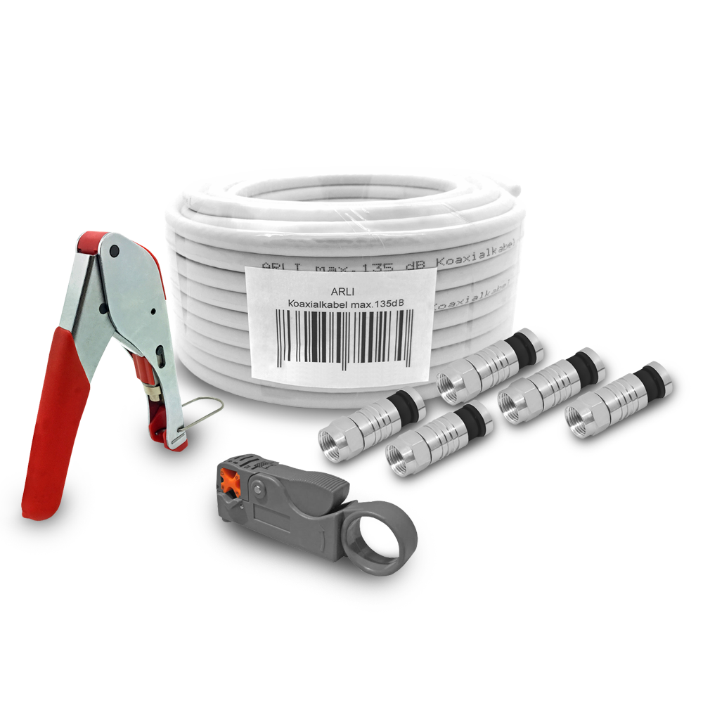 ARLI 50m Koaxialkabel max. 135dB + Kompressionszange klein+ Abisolierer + 10x Stecker