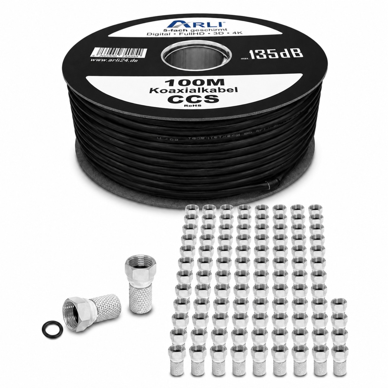 100m ARLI Koaxialkabel Schwarz – max. 135 dB 5-fach geschirmt + 100x F-Stecker mit breiter Mutter & Dichtring
