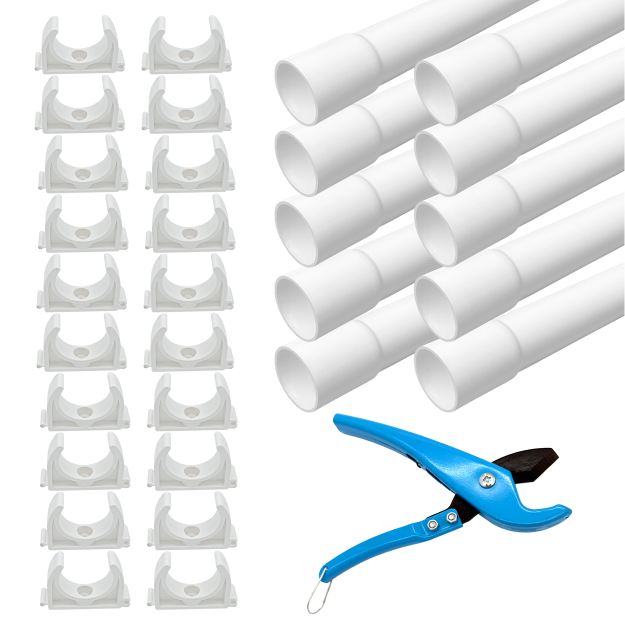 ARLI Installationsrohr M32 10 m gemufft PVC weiß mit 20 Klemmschellen und Rohrschneider Kabelrohr starr 32 mm Set