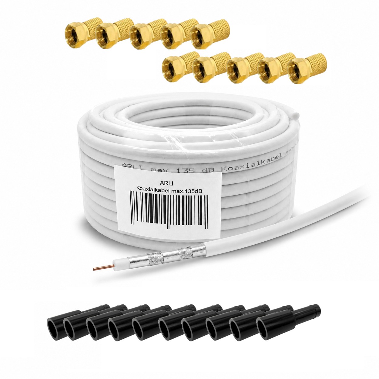 50m ARLI Koaxialkabel max. 135dB + 10x F-Stecker vergoldet + 10x Gummitülle Kabel 135dB satelliten kabel digitaltauglich konfektionierte TV-Kabel DVB-S DVB-C DVB-T 4-fach 5fach schirmung meterware verlegekabel Adapter doppel schüssel 130db 120db 110db Wei