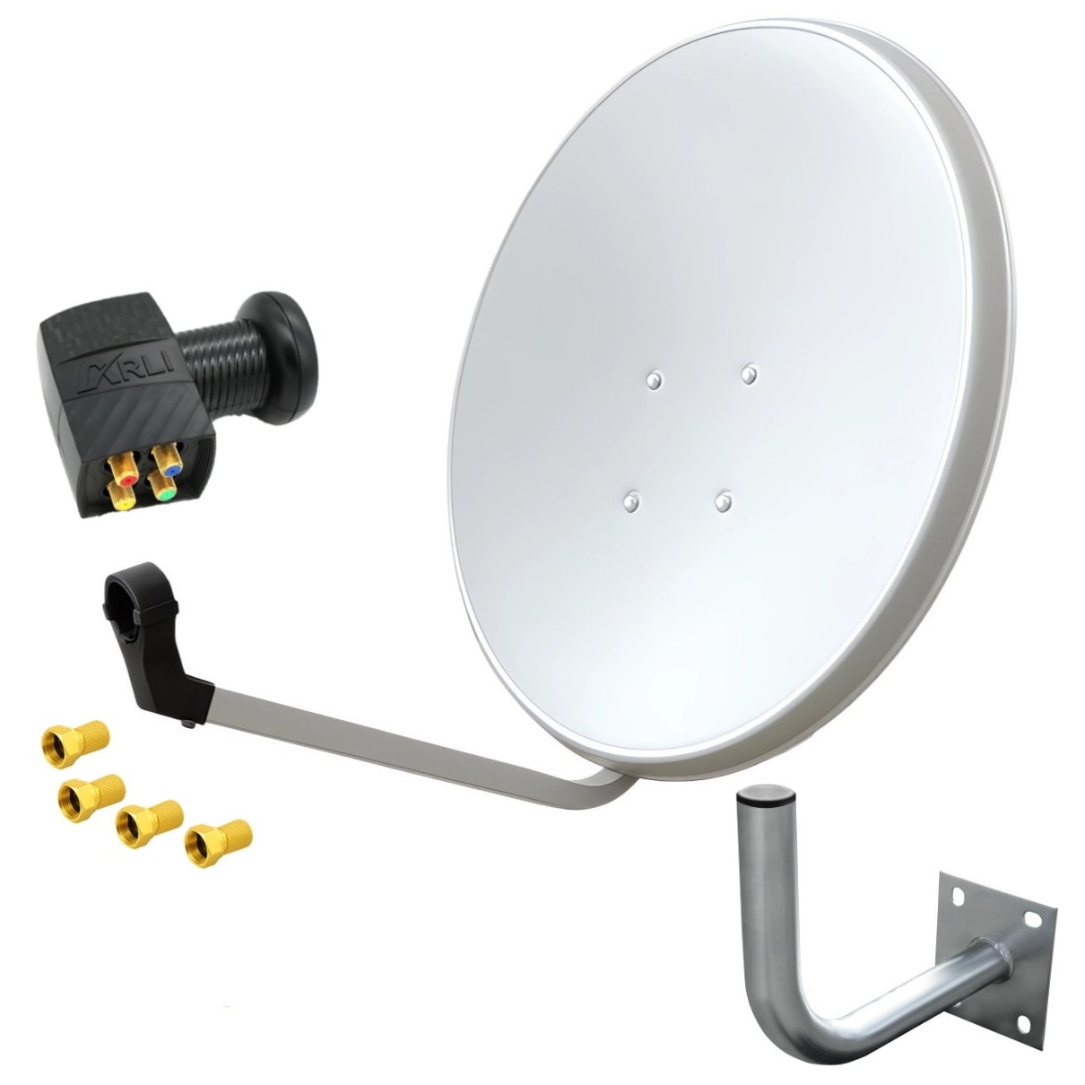 Satspiegel-weiss-quad-Wandhalter25 SAT Anlage Digital 80cm 60cm Single Twin Quad Octo LNB Teilnehmer komplettanlage komplett Schüssel Antenne Spiegel Kabel F Stecker Camping Koaxialkabel Set Wandalter 4K grau weiss Full HD Satfinder vergoldet russisch türkisch astra hotbird türksat