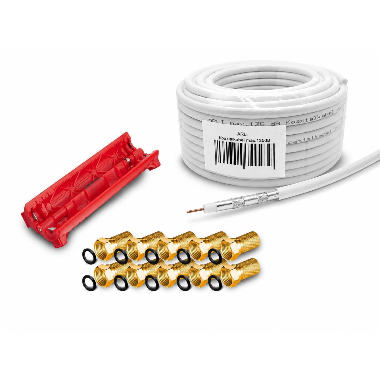 ARLI 50m Koaxialkabel max. 135dB 5-fach geschirmt + Abisoliermesser + 10x F-Stecker vergoldet Werkzeug Set