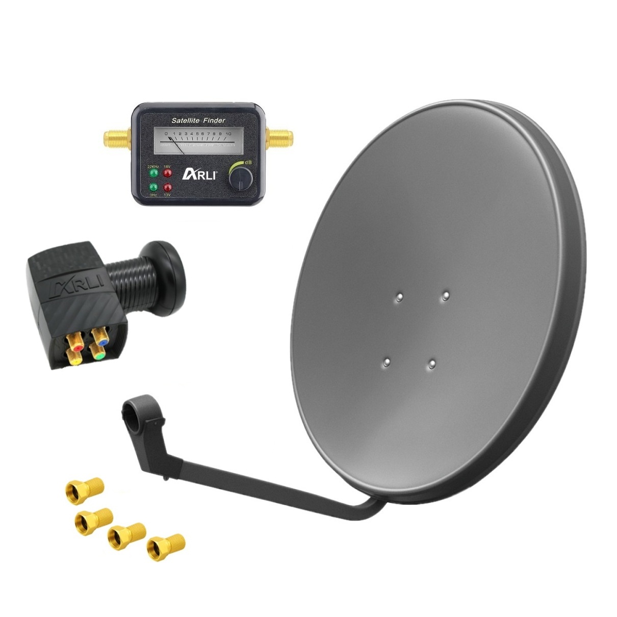 Satspiegel-grau-quad-Satfinder SAT Anlage Digital 80cm 60cm Single Twin Quad Octo LNB Teilnehmer komplettanlage komplett Schüssel Antenne Spiegel Kabel F Stecker Camping Koaxialkabel Set Wandalter 4K grau weiss Full HD Satfinder vergoldet russisch türkisch astra hotbird türksat