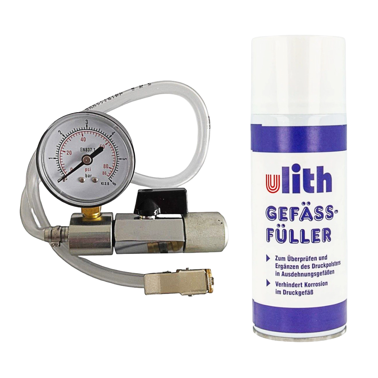 Ulith Gefäßfüller 400 ml brennbar FCKW frei für Membran Ausdehnungsgefäße inkl. Anschlussadapter mit Absperrvorrichtung und Manometer