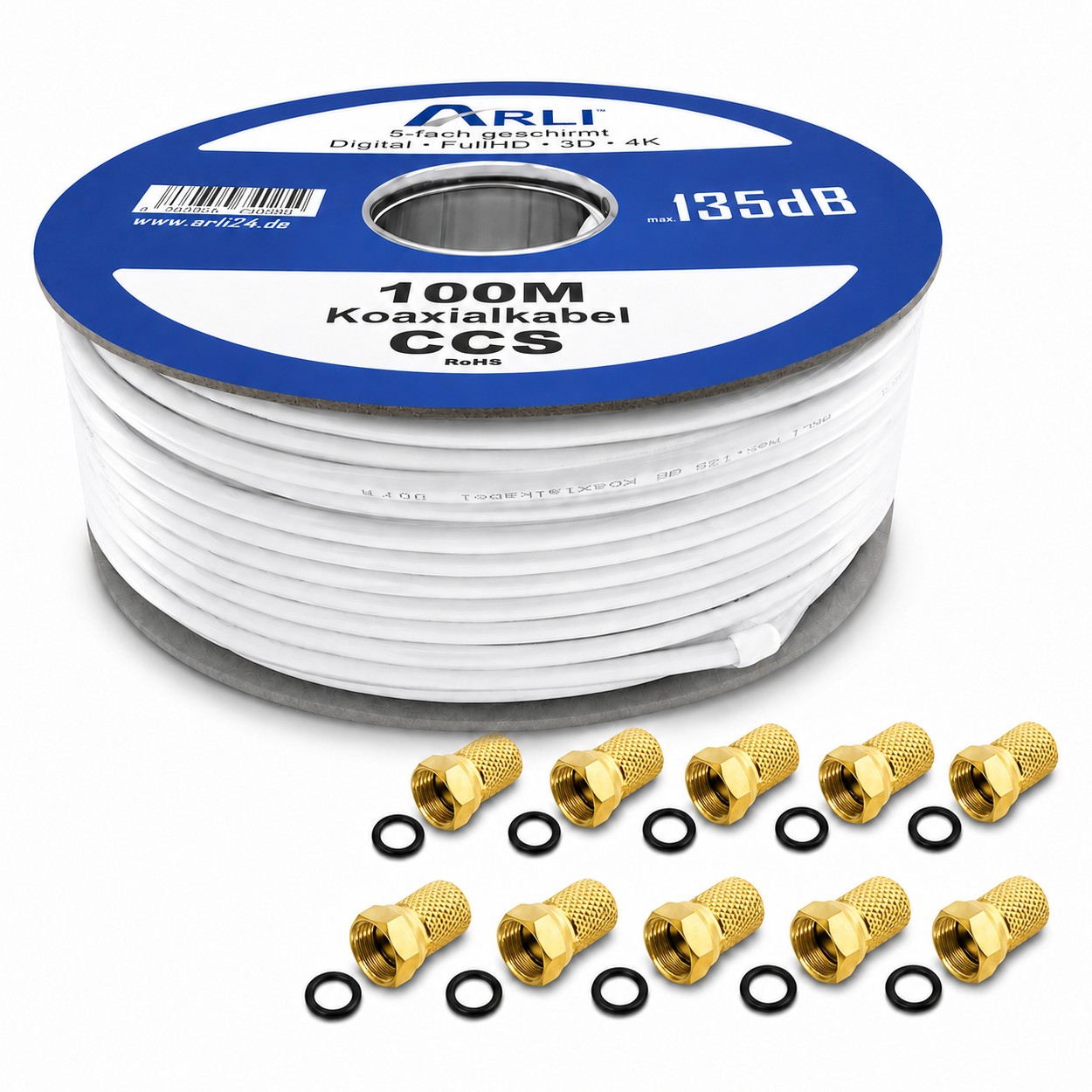 100m ARLI Koaxialkabel max. 135dB + 10x F-Stecker vergoldet Kabel 135dB satelliten kabel digitaltauglich konfektionierte TV-Kabel DVB-S DVB-C DVB-T 4-fach 5fach schirmung meterware verlegekabel Adapter doppel schüssel 130db 120db 110db Weiß Internetanschl