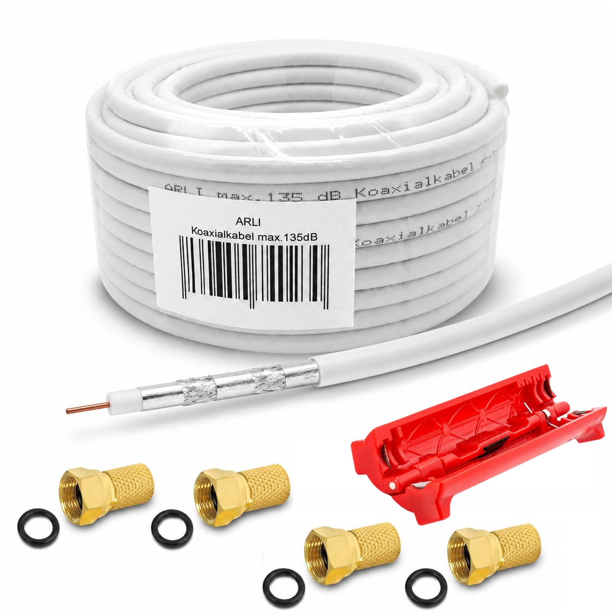 50m ARLI Koaxialkabel max. 135dB + 4x F-Stecker vergoldet + Abisoliermesser Kabel 135dB satelliten kabel digitaltauglich konfektionierte TV-Kabel DVB-S DVB-C DVB-T 4-fach 5fach schirmung meterware verlegekabel Adapter doppel schüssel 130db 120db 110db Wei
