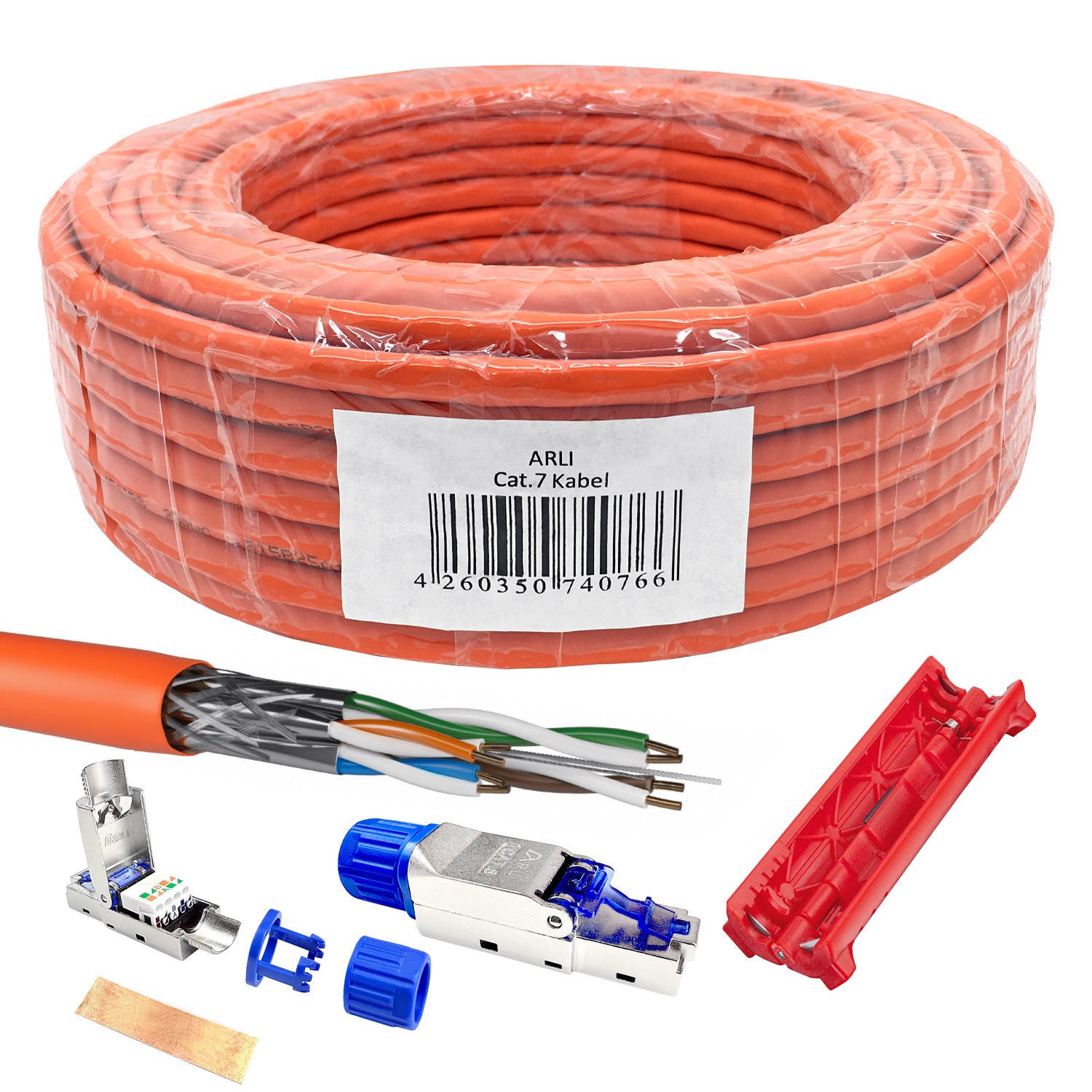 ARLI 25m Cat7 Verlegekabel S/FTP LSZH + 2x RJ45 Netzwerkstecker Cat8.1 werkzeuglos + Abisoliermesser – Ethernet Netzwerkkabel