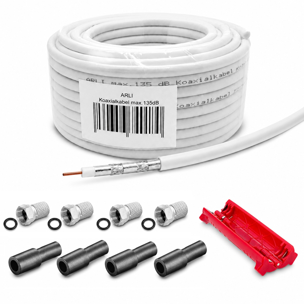 50m ARLI Koaxialkabel max. 135dB + 4x F-Stecker + 4x Gummitülle + Abisoliermesser Kabel 135dB satelliten kabel digitaltauglich konfektionierte TV-Kabel DVB-S DVB-C DVB-T 4-fach 5fach schirmung meterware verlegekabel Adapter doppel schüssel 130db 120db 110