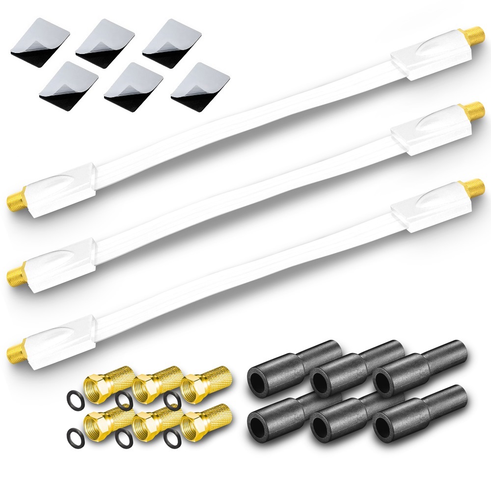 3x Fensterdurchführung UltraSlim weiss + 6x F-Stecker + 6x Gummitülle Fensterduchführung Flachkabel Flach Kabel Slim 20cm 26cm 30cm flexibel 2-fach Splitter Verteiler 2fach ohne Bohrung gute Schirmung Satellitenreceiver Schalter Verstärkung verstärker 3D 