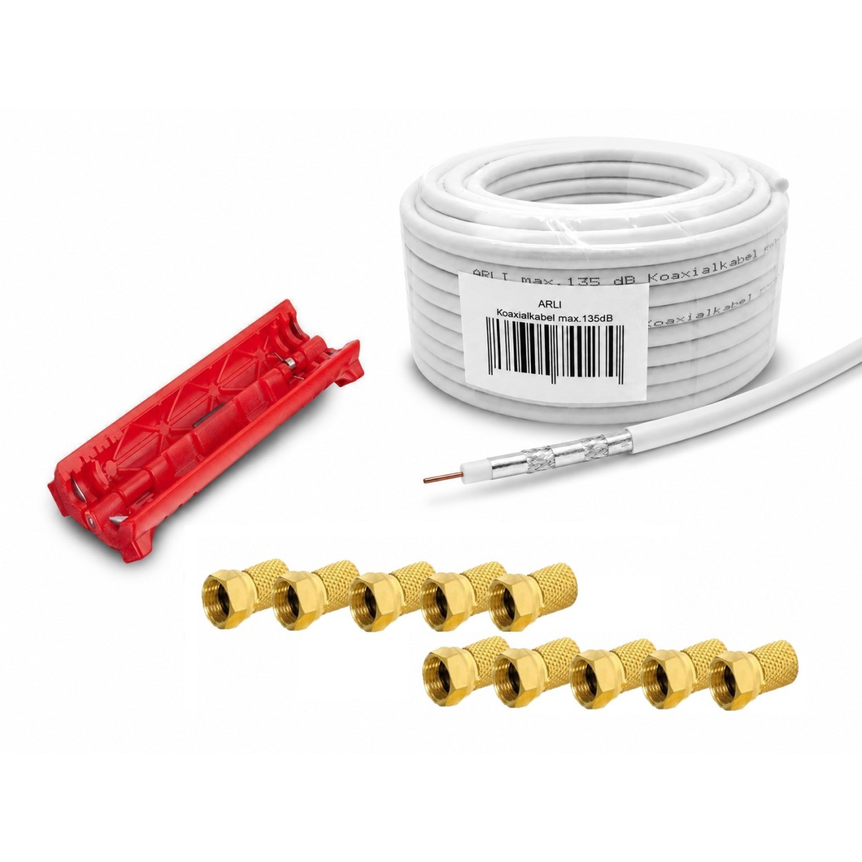 ARLI 50m Koaxialkabel max. 135dB 5-fach geschirmt + Abisoliermesser + 10x F-Stecker vergoldet Werkzeug Set