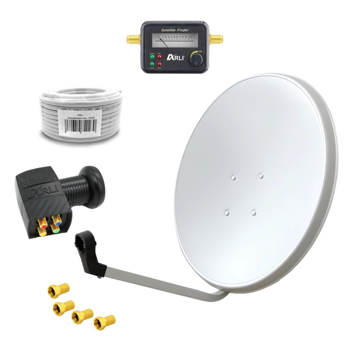Satspiegel-weiss-quad-Kabel-Satfinder SAT Anlage Digital 80cm 60cm Single Twin Quad Octo LNB Teilnehmer komplettanlage komplett Schüssel Antenne Spiegel Kabel F Stecker Camping Koaxialkabel Set Wandalter 4K grau weiss Full HD Satfinder vergoldet russisch türkisch astra hotbird türksat