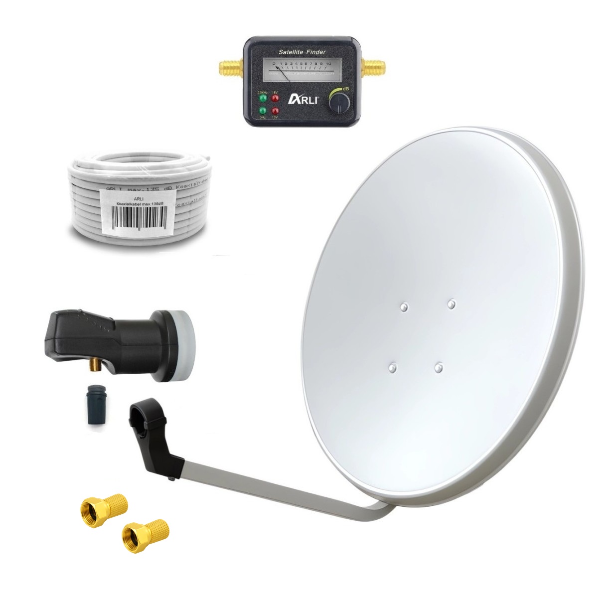 Satspiegel-weiss-Single-Kabel-Satfinder SAT Anlage Digital 80cm 60cm Single Twin Quad Octo LNB Teilnehmer komplettanlage komplett Schüssel Antenne Spiegel Kabel F Stecker Camping Koaxialkabel Set Wandalter 4K grau weiss Full HD Satfinder vergoldet russisch türkisch astra hotbird türksat