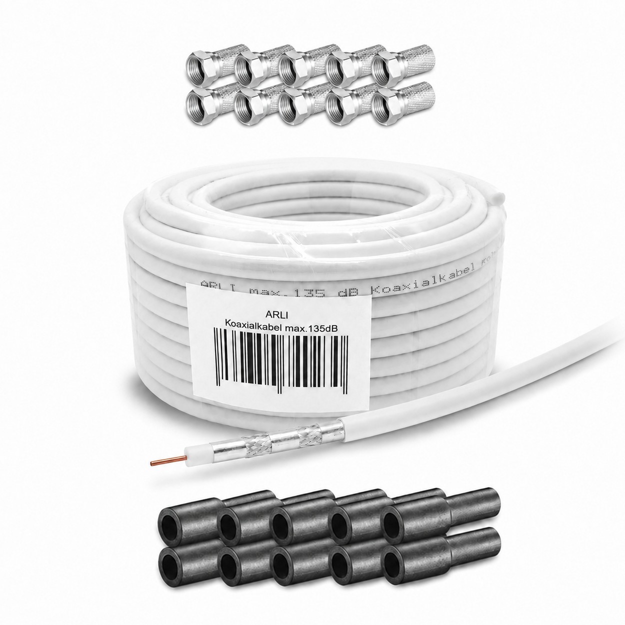 50m ARLI Koaxialkabel max. 135dB + 10x F-Stecker + 10x Gummitülle Kabel 135dB satelliten kabel digitaltauglich konfektionierte TV-Kabel DVB-S DVB-C DVB-T 4-fach 5fach schirmung meterware verlegekabel Adapter doppel schüssel 130db 120db 110db Weiß Internet
