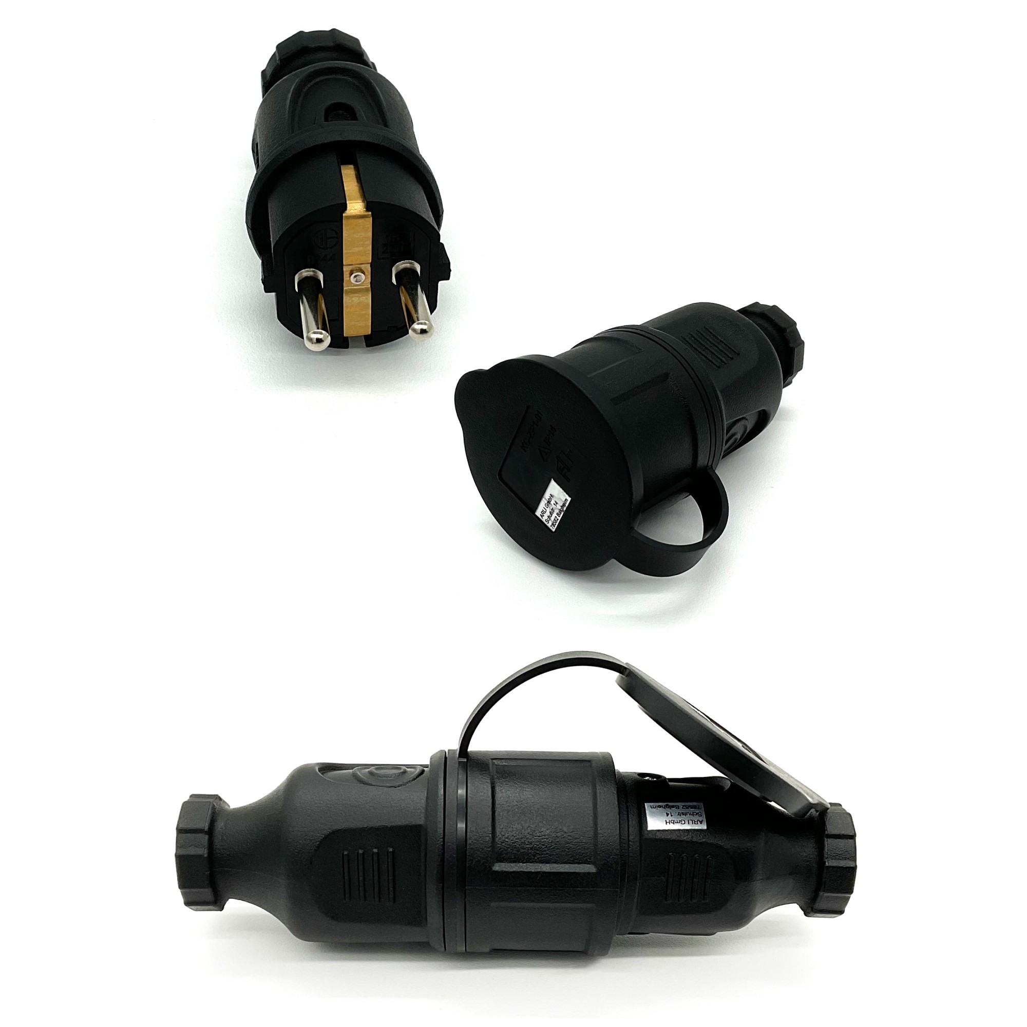 ARLI 2x Schutzkontaktstecker + 2x Schutzkontaktkupplung mit Deckel 16A IP44 – Set