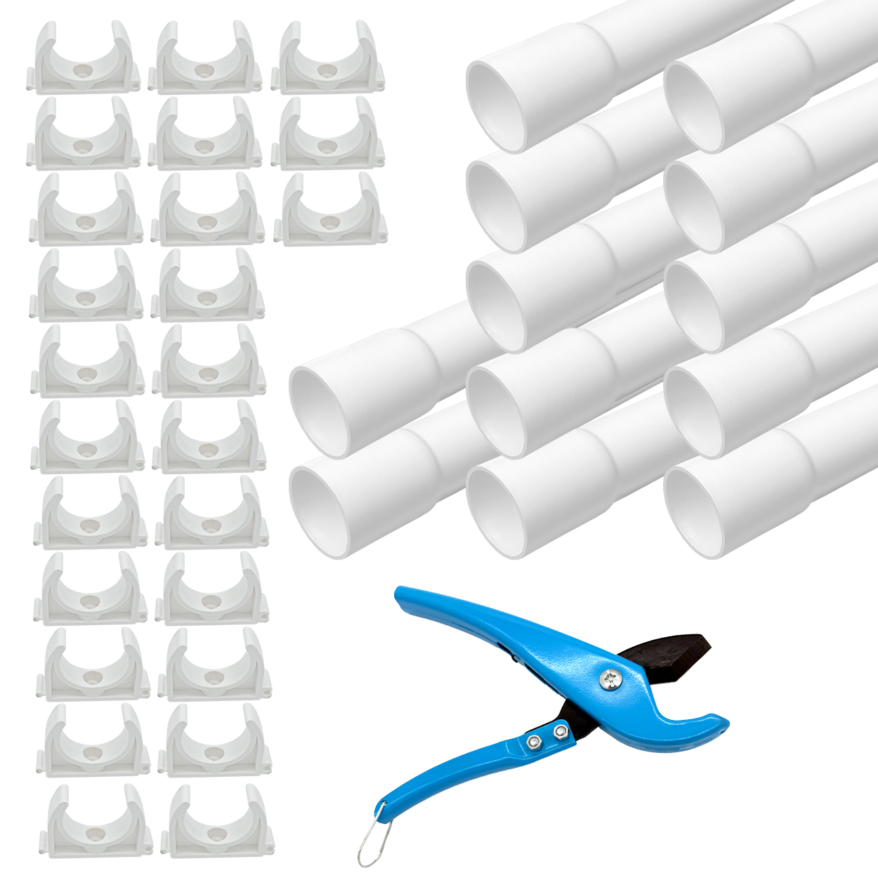 ARLI Installationsrohr M25 12 m gemufft PVC weiß mit 25 Klemmschellen und Rohrschneider Kabelrohr starr 25 mm Set