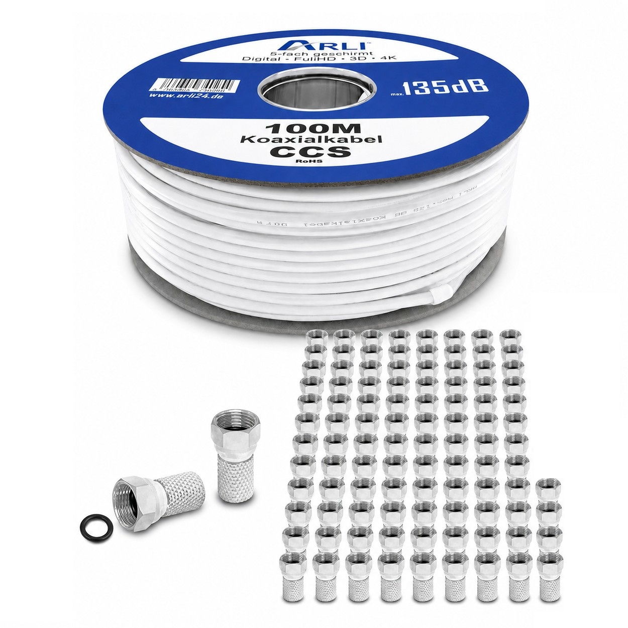 100m ARLI Koaxialkabel max. 135dB + 100x F-Stecker Kabel 135dB satelliten kabel digitaltauglich konfektionierte TV-Kabel DVB-S DVB-C DVB-T 4-fach 5fach schirmung meterware verlegekabel Adapter doppel schüssel 130db 120db 110db Weiß Internetanschluss Kabel