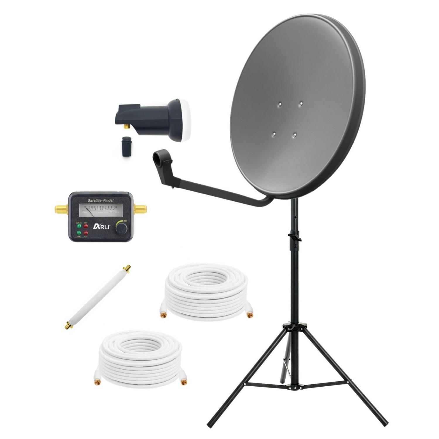 ARLI 60 cm SAT Anlage grau mit Single LNB Stativ Satfinder 2×5 m Kabel Fensterdurchführung Satellitenschüssel Camping Balkon Garten