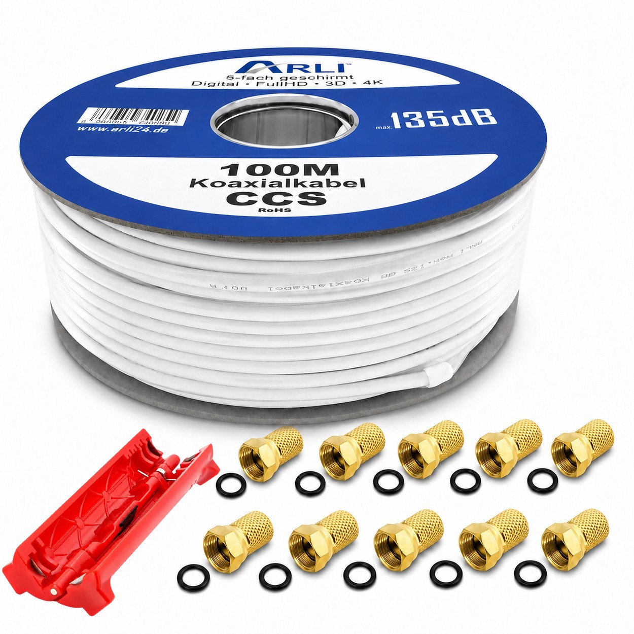 100m ARLI Koaxialkabel – max. 135 dB 5-fach geschirmt + Abisoliermesser & 10x F-Stecker vergoldet