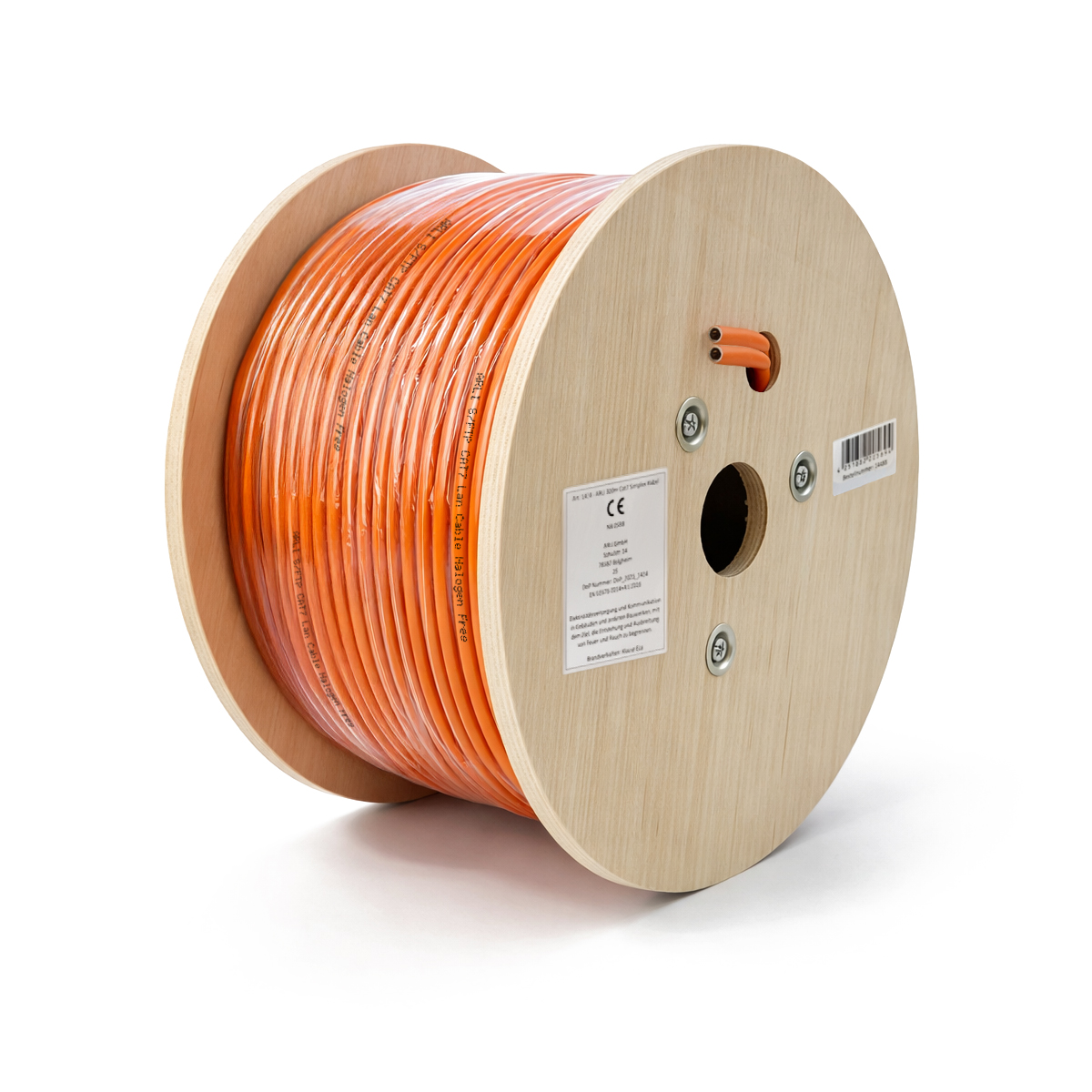 ARLI 200m Cat7 Duplex Verlegekabel S/FTP PIMF halogenfrei LSZH Twin Netzwerkkabel für feste Installation orange Holztrommel