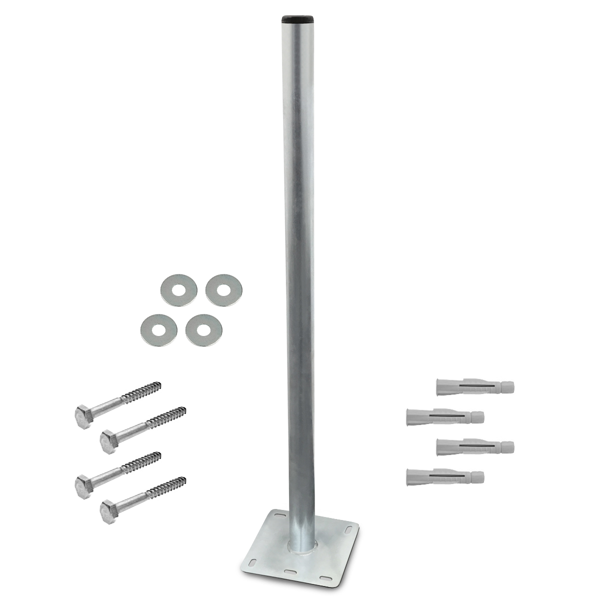 Mastfuss-1m-set arli mastfuß mast standfuss 1m mastfuss stahl balkonbodenhalter balkonhalten bodenhalter sat antenne spiegel flachdach schüssel halter terrase boden schrauben dübel set bodenplatte satellitenschüssel camping standfuß verzinkt