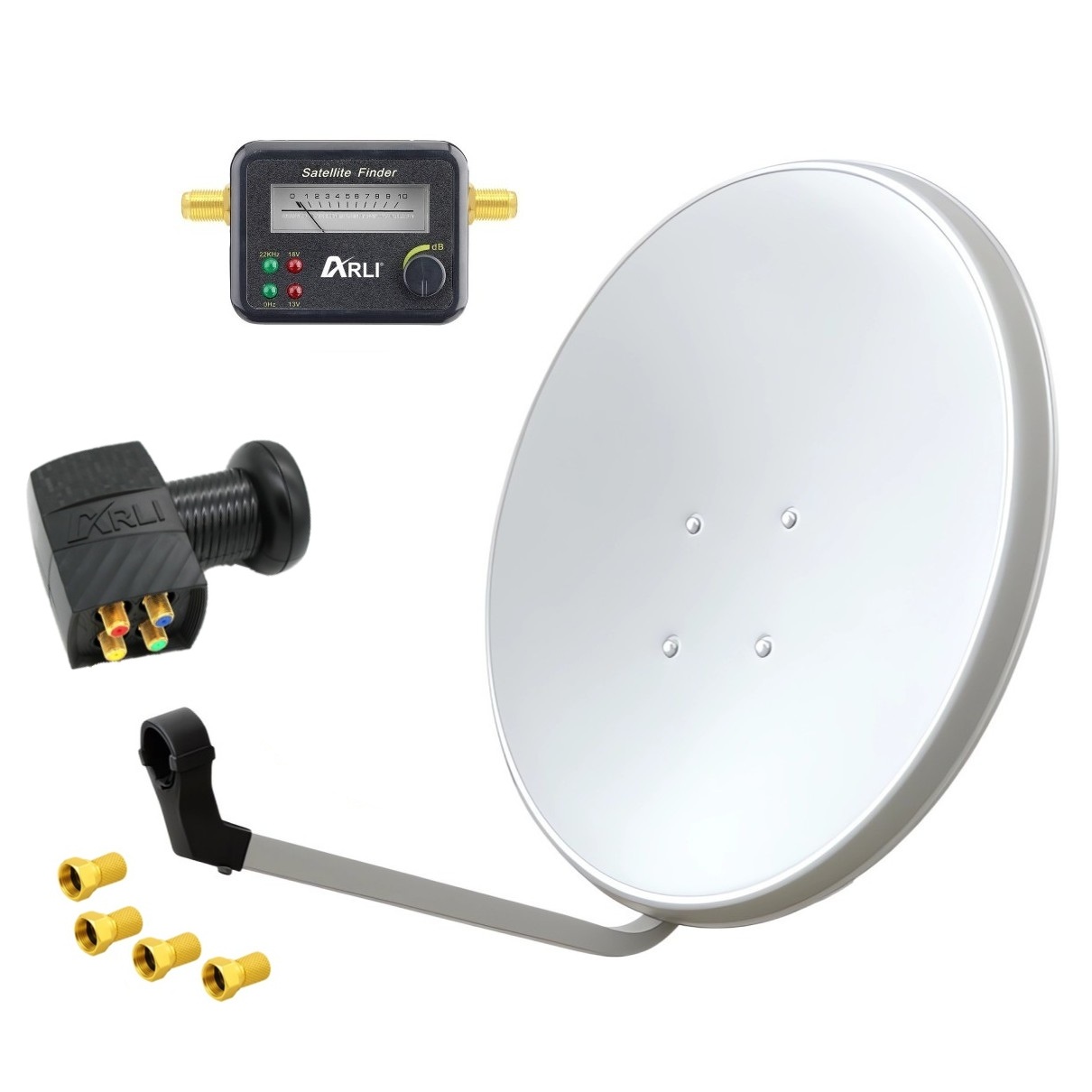 Satspiegel-weiss-quad-Satfinder SAT Anlage Digital 80cm 60cm Single Twin Quad Octo LNB Teilnehmer komplettanlage komplett Schüssel Antenne Spiegel Kabel F Stecker Camping Koaxialkabel Set Wandalter 4K grau weiss Full HD Satfinder vergoldet russisch türkisch astra hotbird türksat