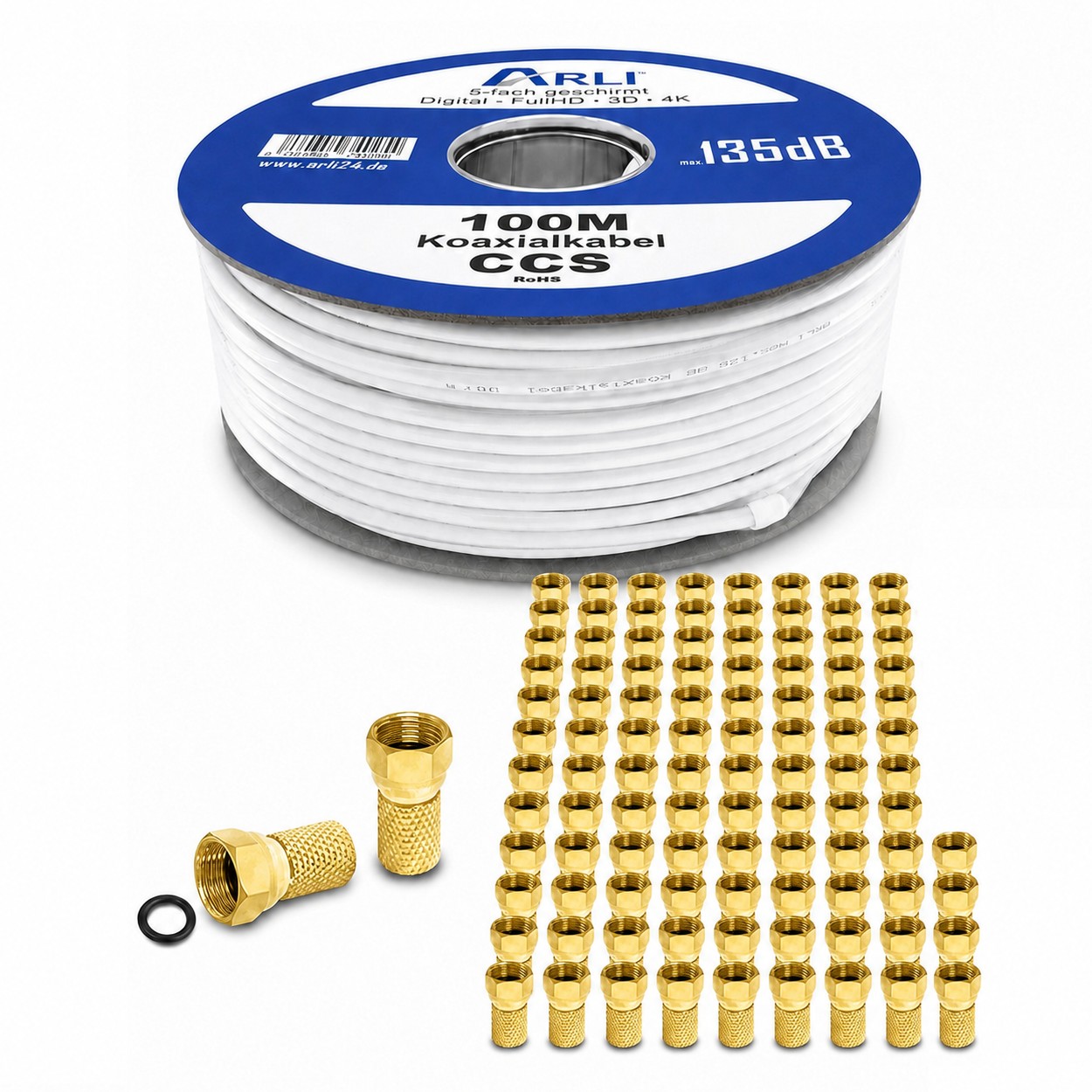 100m ARLI Koaxialkabel max. 135dB + 100x F-Stecker vergoldet Kabel 135dB satelliten kabel digitaltauglich konfektionierte TV-Kabel DVB-S DVB-C DVB-T 4-fach 5fach schirmung meterware verlegekabel Adapter doppel schüssel 130db 120db 110db Weiß Internetansch
