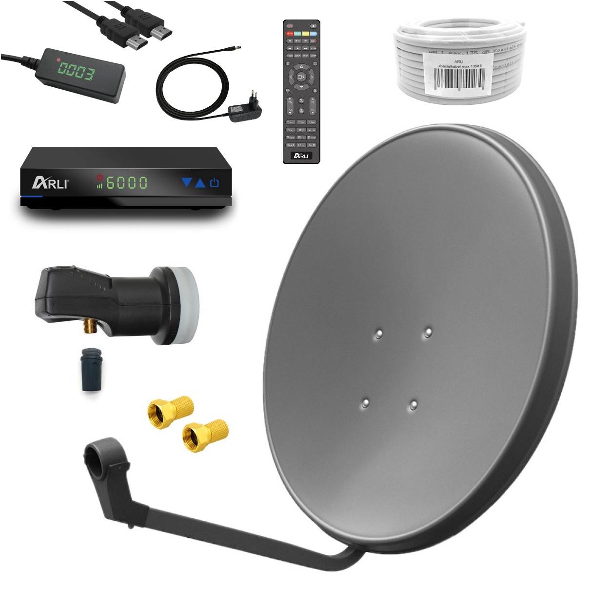 Camping-ANTHRAZIT-SET SAT Anlage Digital 80cm 60cm Single Twin Quad Octo LNB Teilnehmer komplettanlage komplett Schüssel Antenne Spiegel Kabel F Stecker Camping Koaxialkabel Set Wandalter 4K grau weiss Full HD Satfinder vergoldet russisch türkisch astra hotbird türksat
