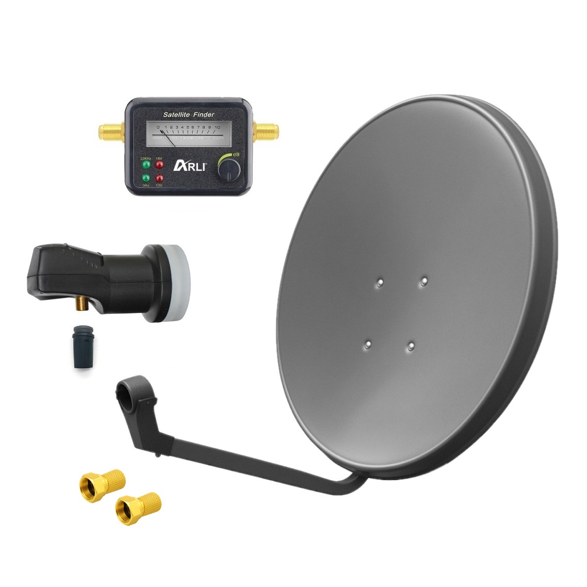 Satspiegel-grau-Single-Satfinder SAT Anlage Digital 80cm 60cm Single Twin Quad Octo LNB Teilnehmer komplettanlage komplett Schüssel Antenne Spiegel Kabel F Stecker Camping Koaxialkabel Set Wandalter 4K grau weiss Full HD Satfinder vergoldet russisch türkisch astra hotbird türksat