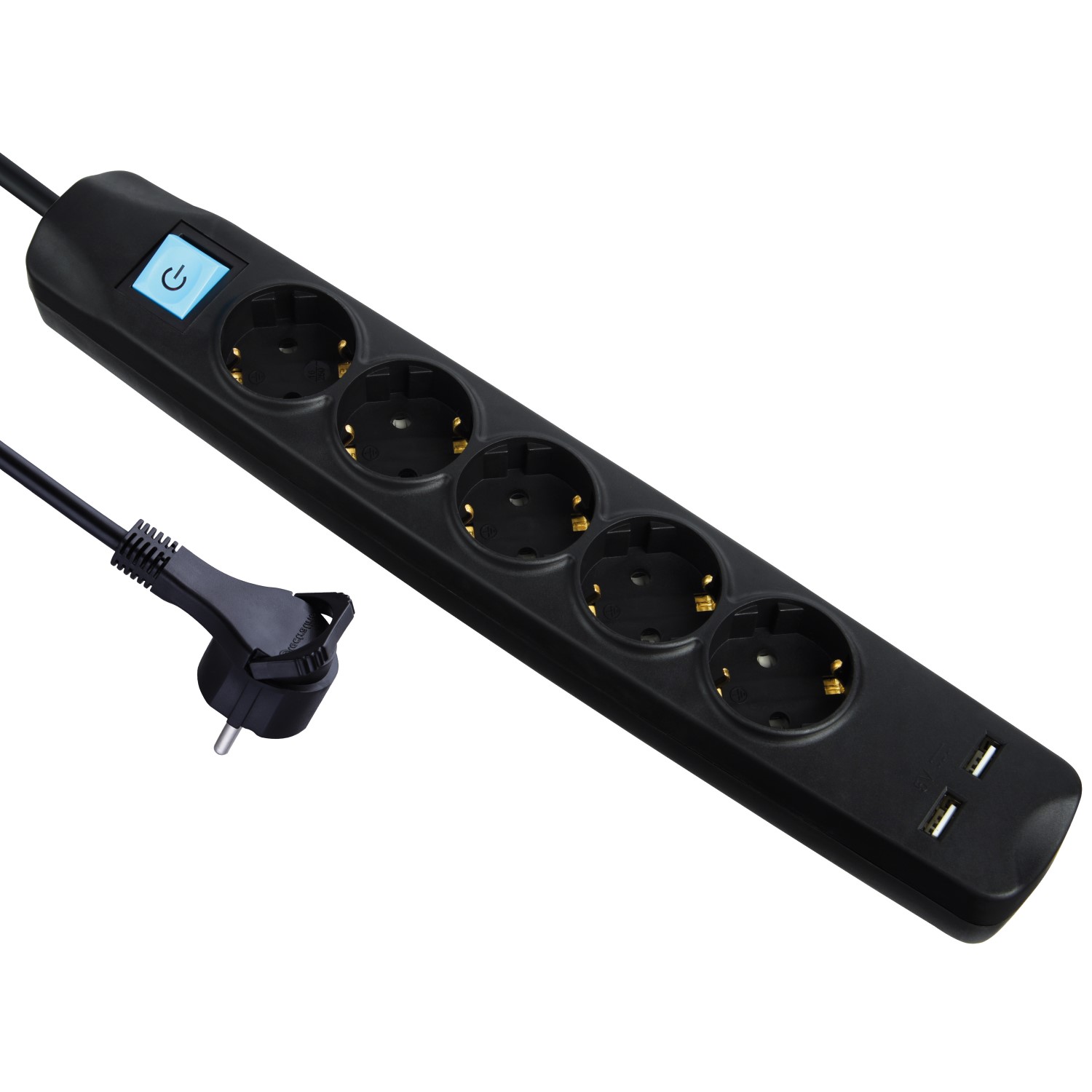 Steckdosenleiste 5 fach mit 2 USB Ladebuchsen Schalter 1,5 m Kabel flachem  Winkelstecker schwarz