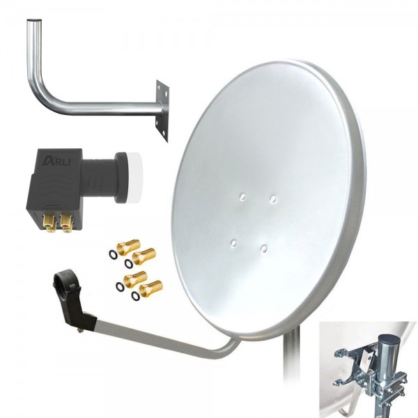ARLI 60 cm HD Sat Antenne weiss + Quad LNB + Wandhalter 45 cm + 4 x  F-Stecker vergoldet