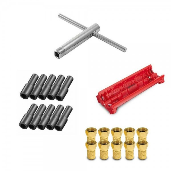 Kabel Montage Werkzeug Set - Abisoliermesser + Aufdrehhilfe / Knebel + 10 F-Stecker + Gummitülle G